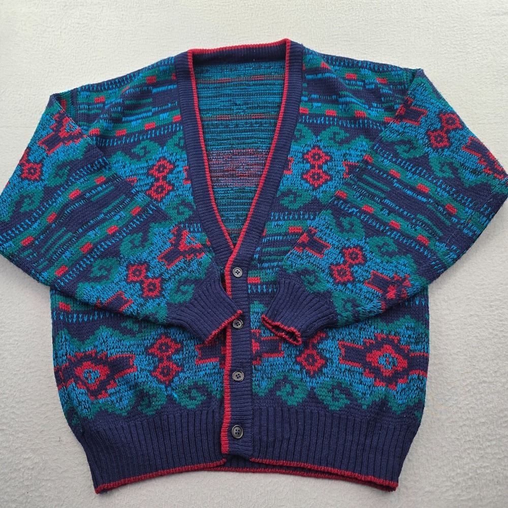 Vintage Cardigan Sweater Mens Multicolor Aztec Print V Neck Casual Button Front